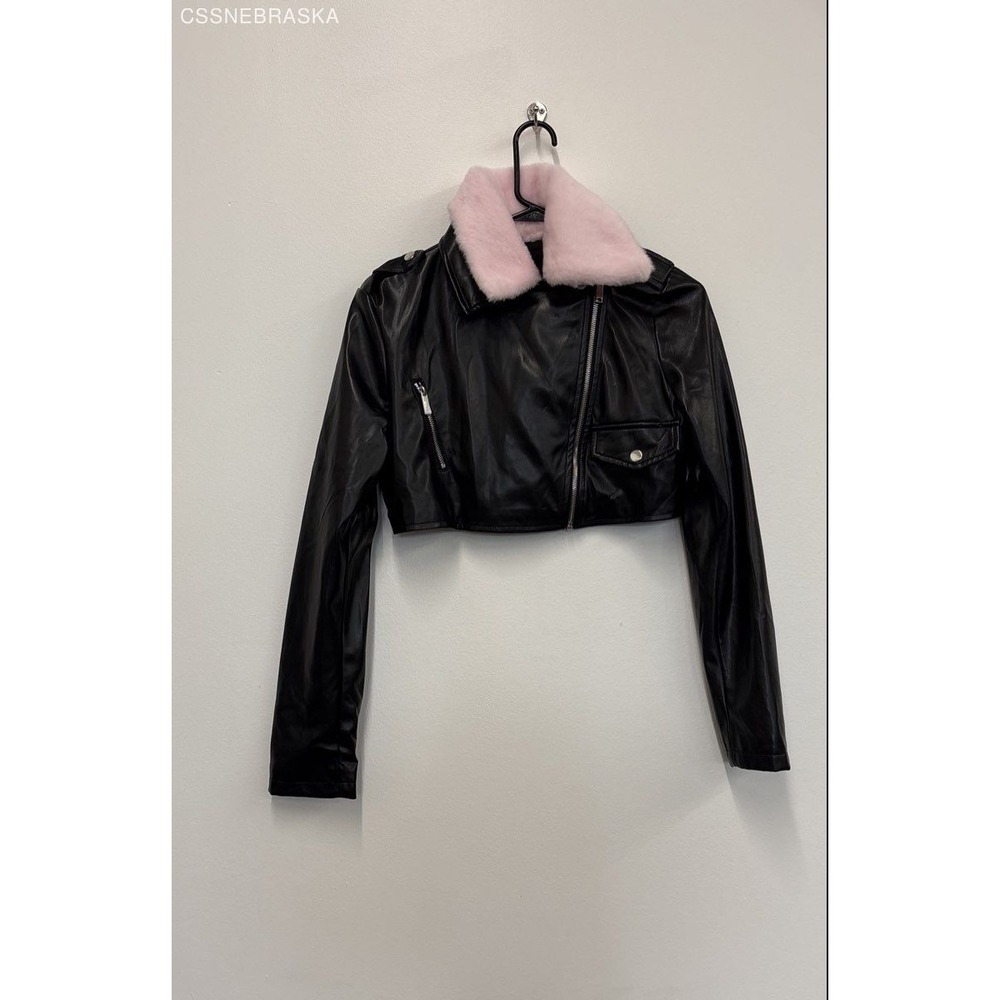 Forever 21 Pink/Black Women's Faux Fur-Trim Cropped Moto Jacket‎ - Size S